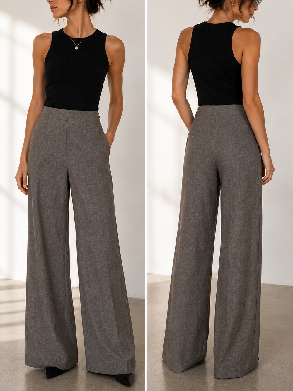 Vera Wang Charcoal Gray Linen Blend Wide Leg Trousers 90s Minimalist vtg